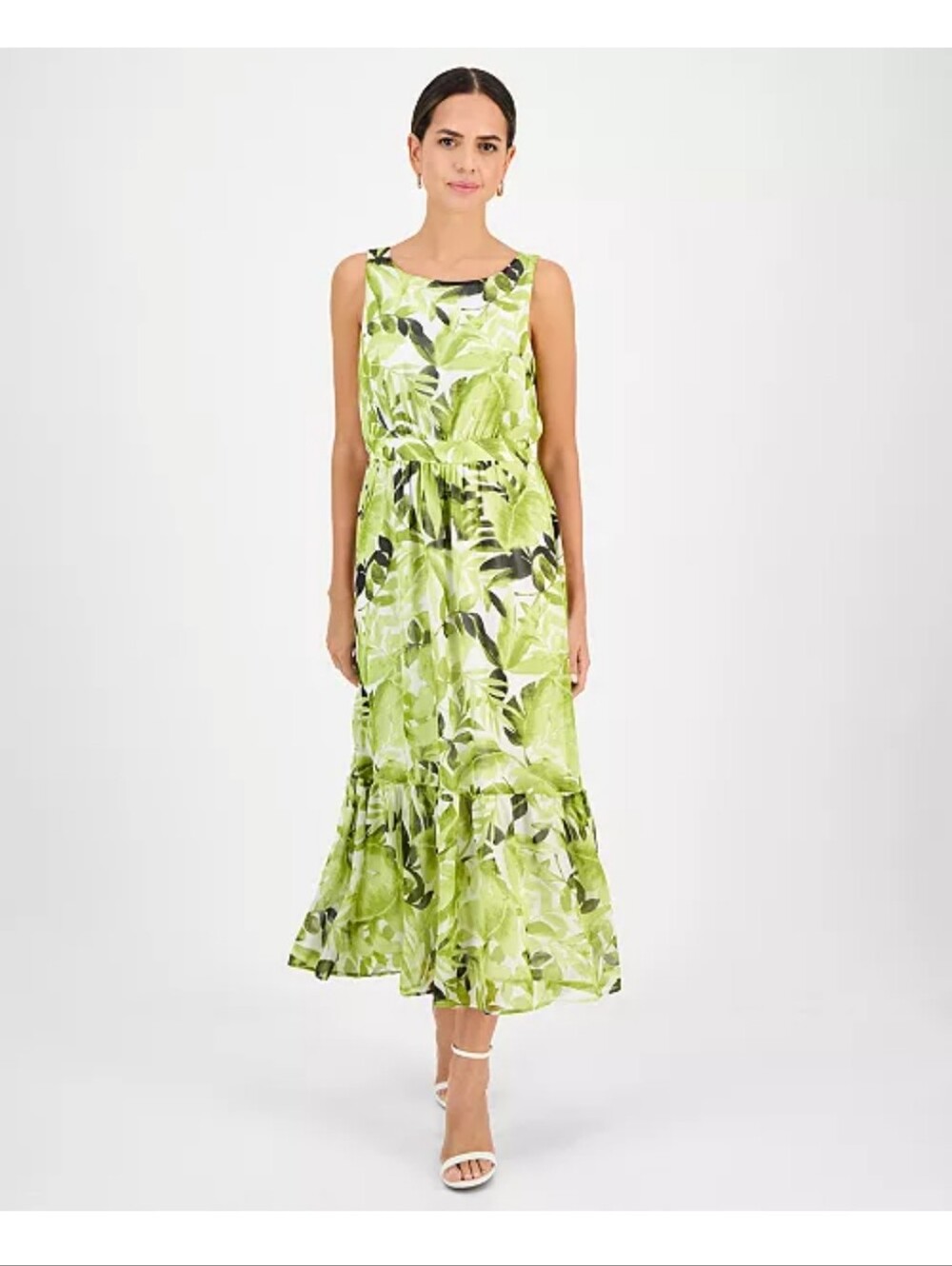 Kasper NWT $99 Green Tropical Floral Sleeveless Tiered Maxi Dress Size 10 Career